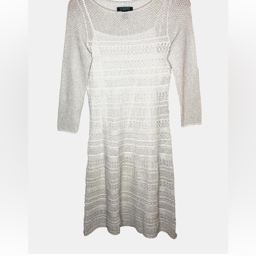Lauren Ralph Lauren Sweater Dress Size S 3/4 Sleeves Silver Metallic on Ivory